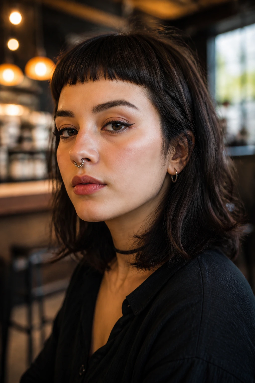 Real person with micro-bangs in a trendy cafe