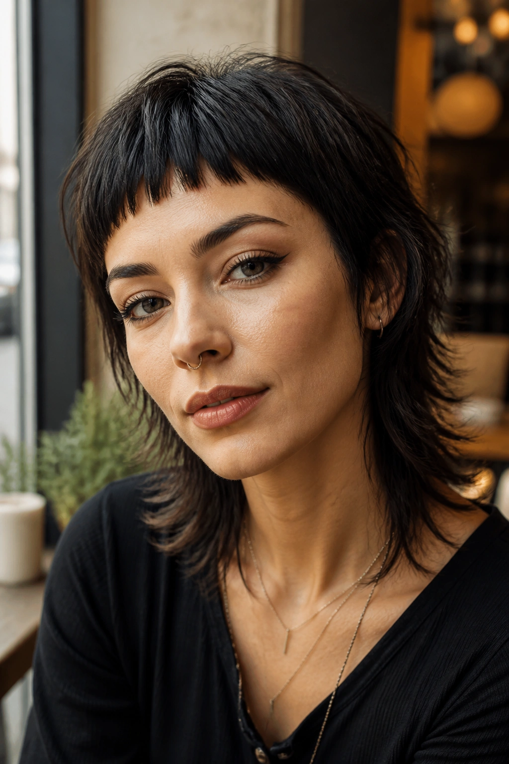 Real person with wolf cut and baby bangs in cafe window light