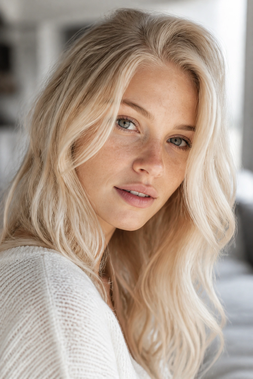 Close-up of a real person with baby blonde hair in a bright room
