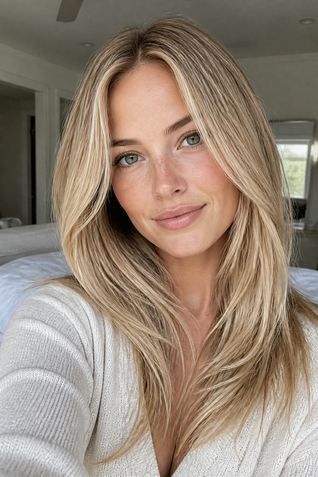 Close-up of a woman with tiny baby blonde highlights around the face