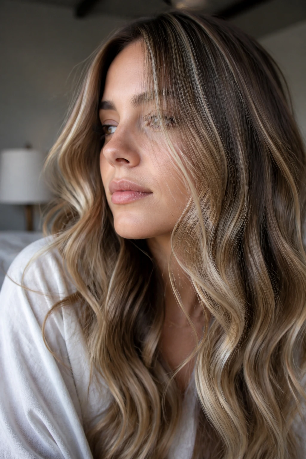 Close-up of a real woman's wavy hair with tiny baby blonde highlights in natural window light