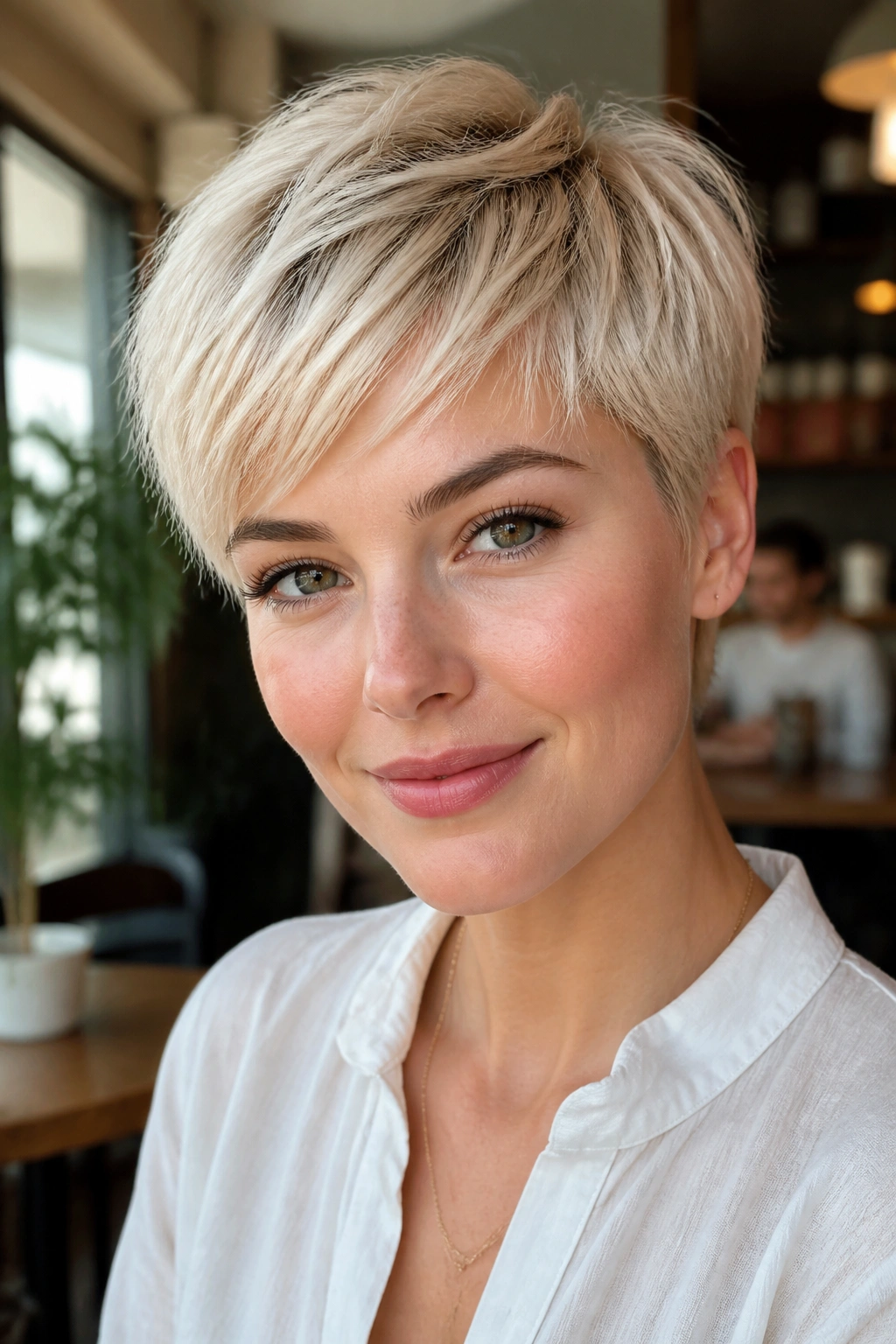 Close-up of a woman with a baby blonde pixie cut under soft window light