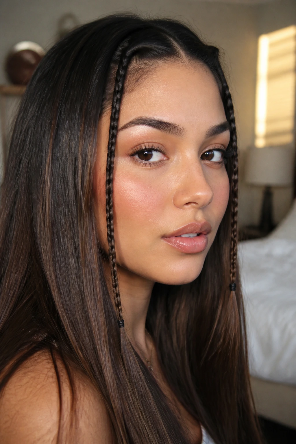 Close-up of a real woman with two tiny face-framing baby braids near the cheeks