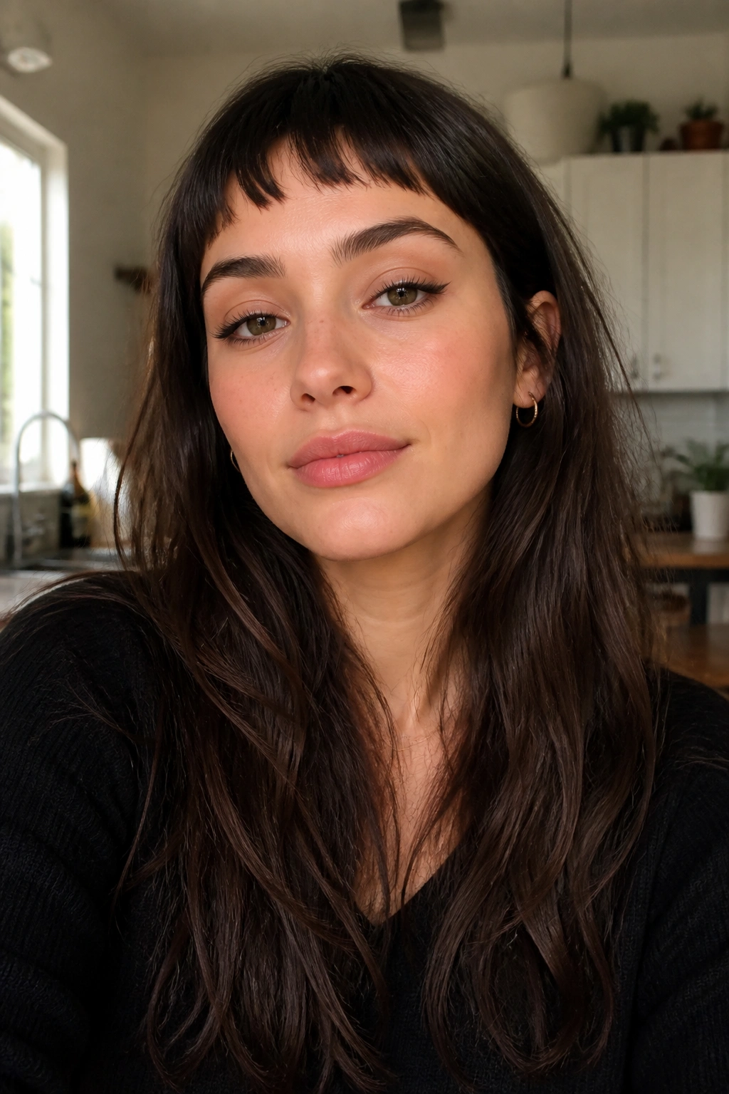 Real woman with baby choppy bangs in soft-lit portrait