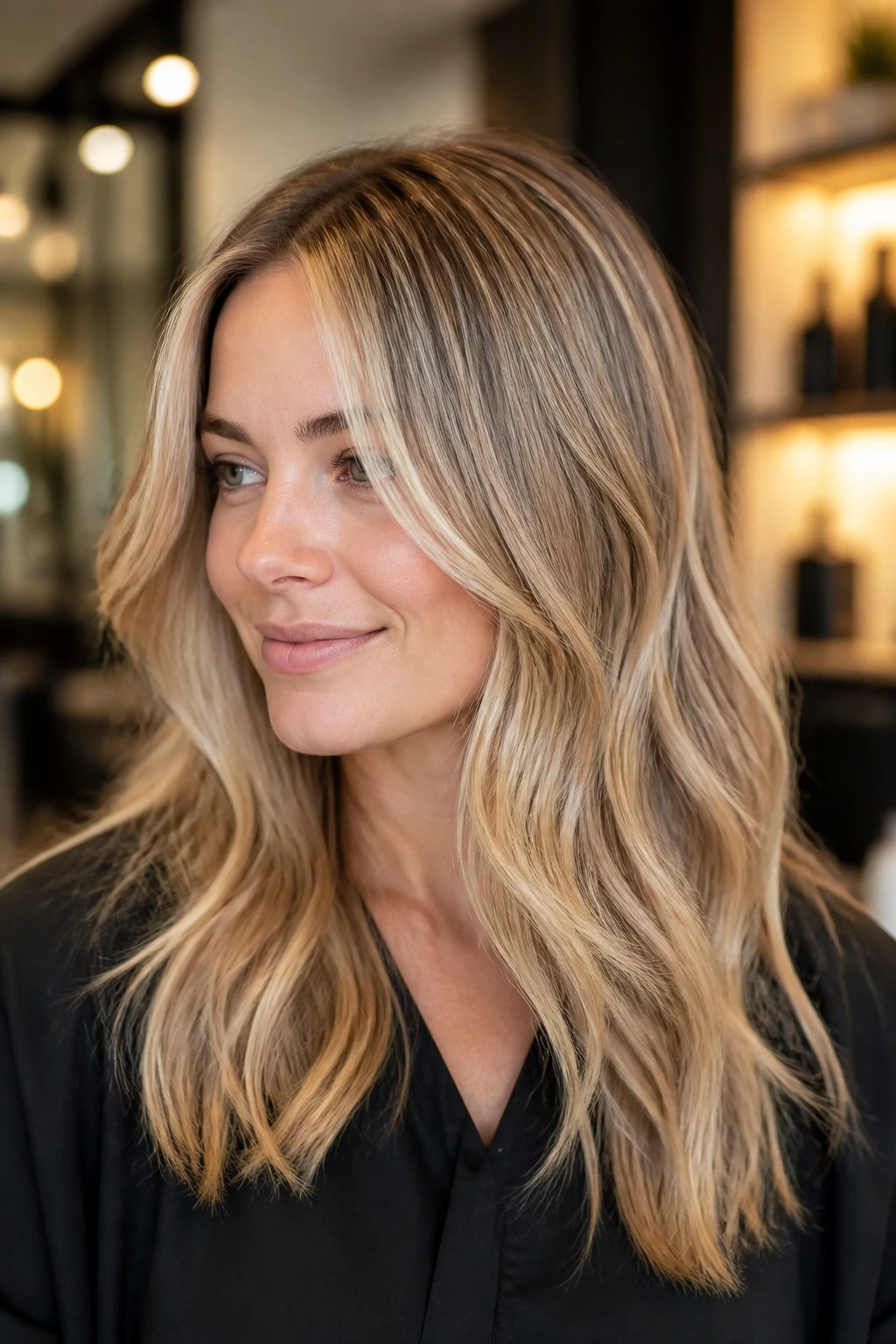 Portrait of real woman with baby lights for natural dimension on fine hair