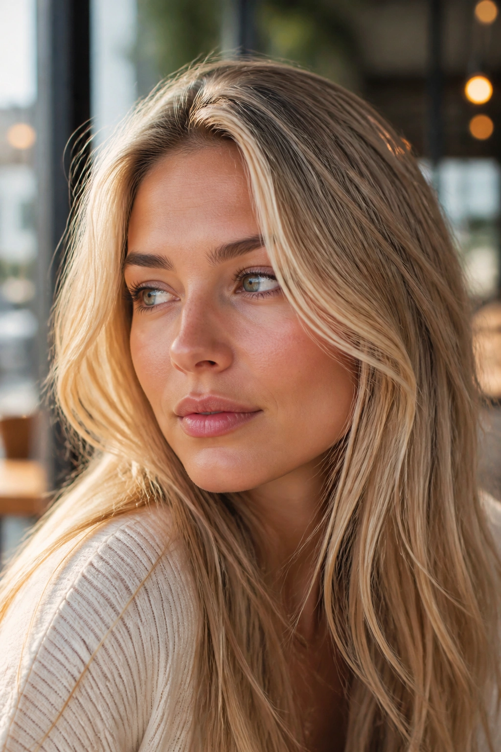 Close-up of a real woman with baby-light blonde highlights around the hairline