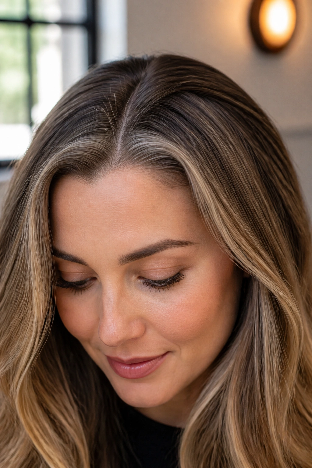 Close-up portrait of woman with baby lights at the hairline around temples