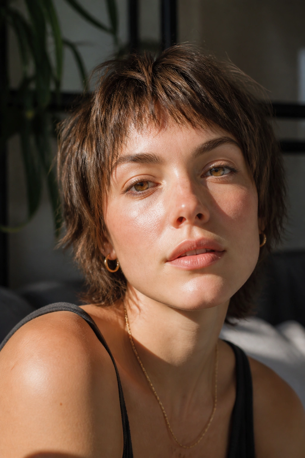 Close-up of baby wisps bangs on a real person with a short shag