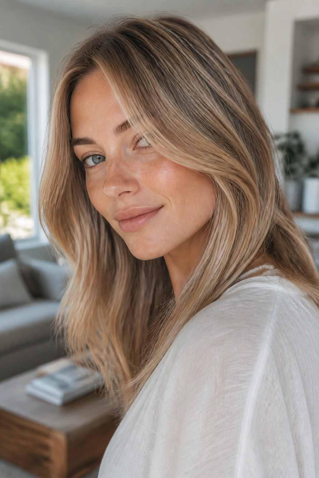 Close-up of a real woman with babylight blur highlights blended into base hair.