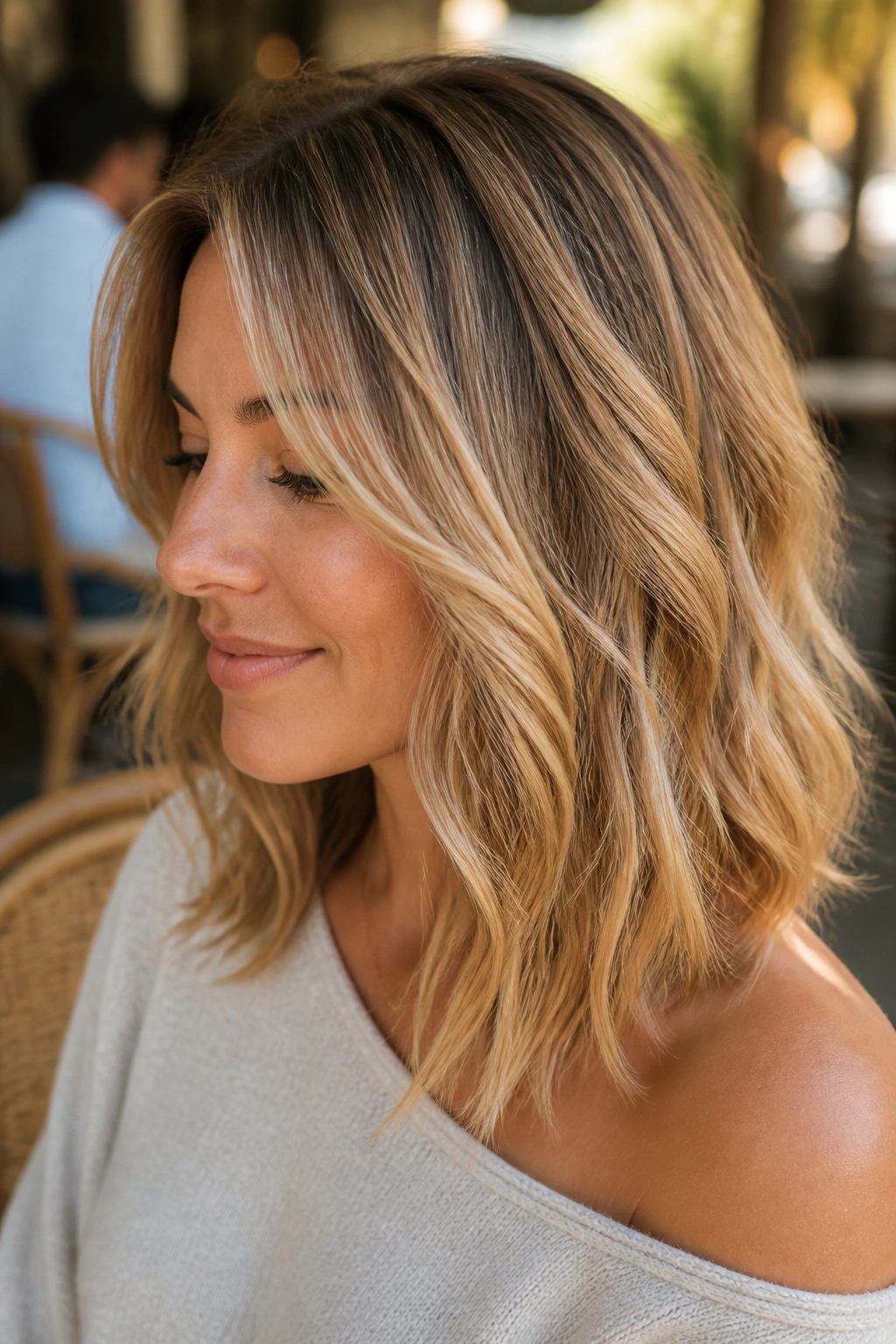 Portrait of a person with golden beige babylights and balayage in warm sunlight