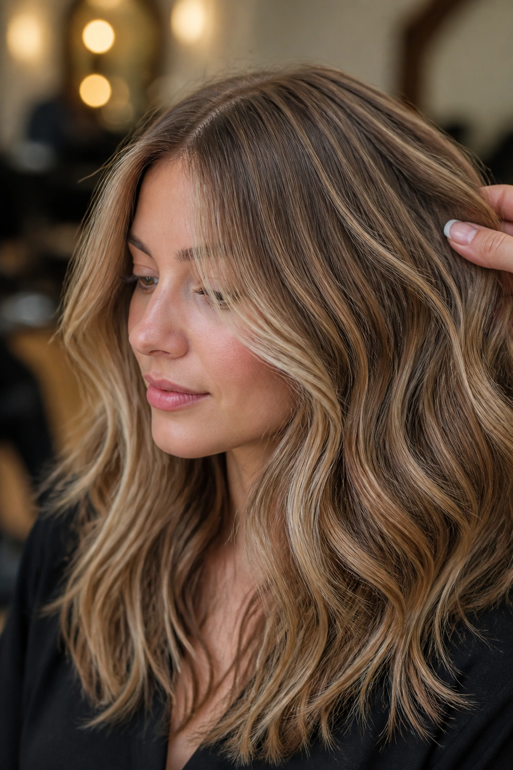 Close-up of a real woman showing beige babylights in wavy hair.