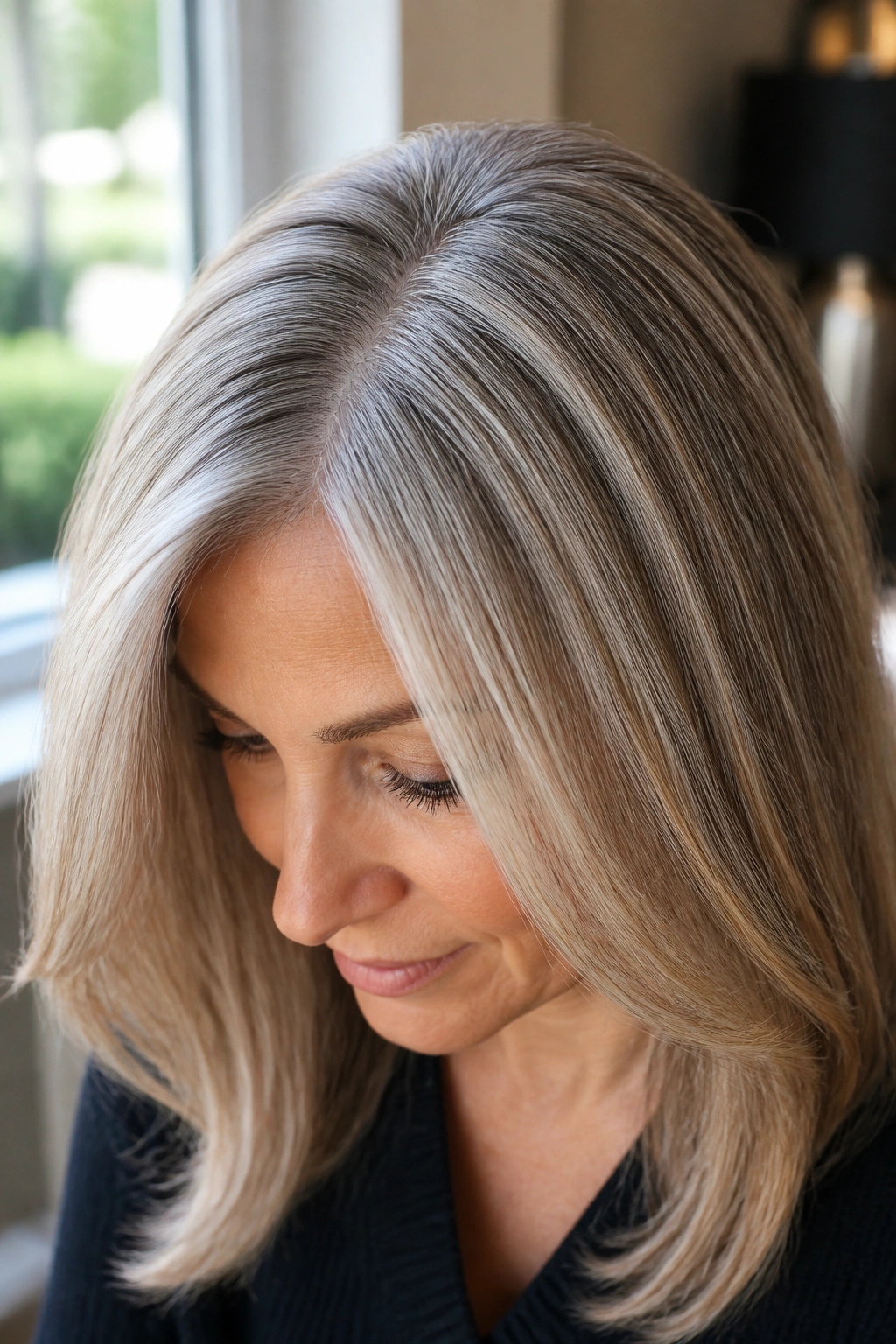 Close-up of a real woman with babylights blended through the crown