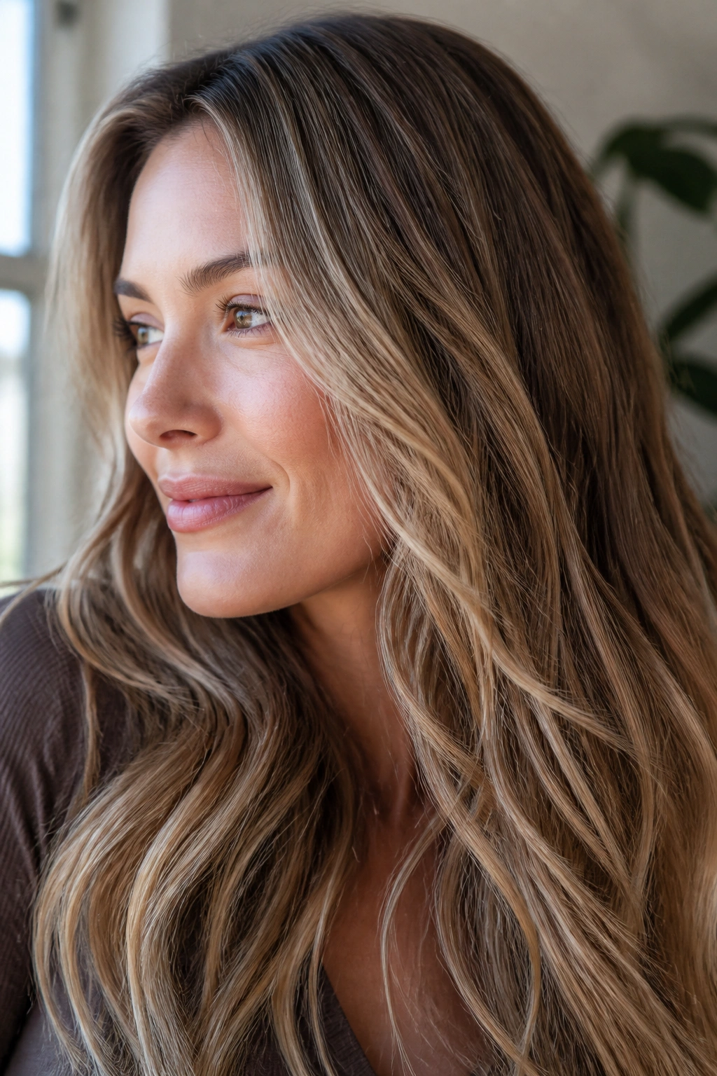 Close-up of a real woman with delicate babylights around the face.