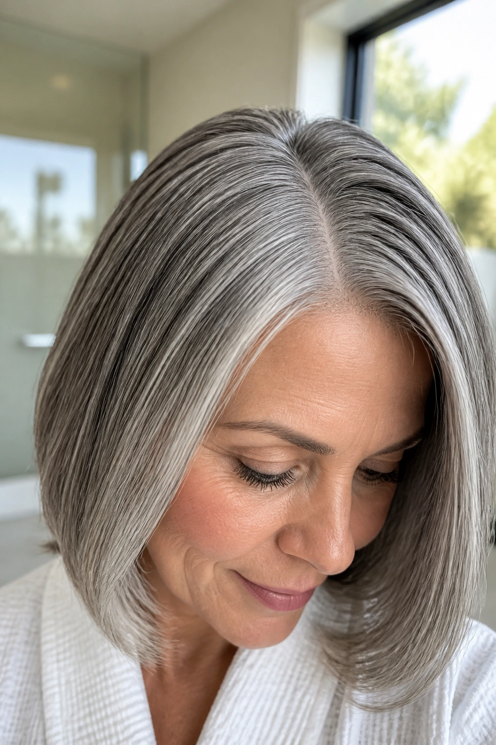 Close-up of a real woman's grey hair with ultra-fine babylights along the part in soft daylight