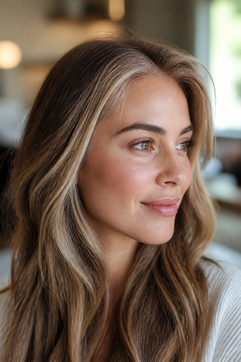 Close-up of a real woman with babylights around the hairline catching light
