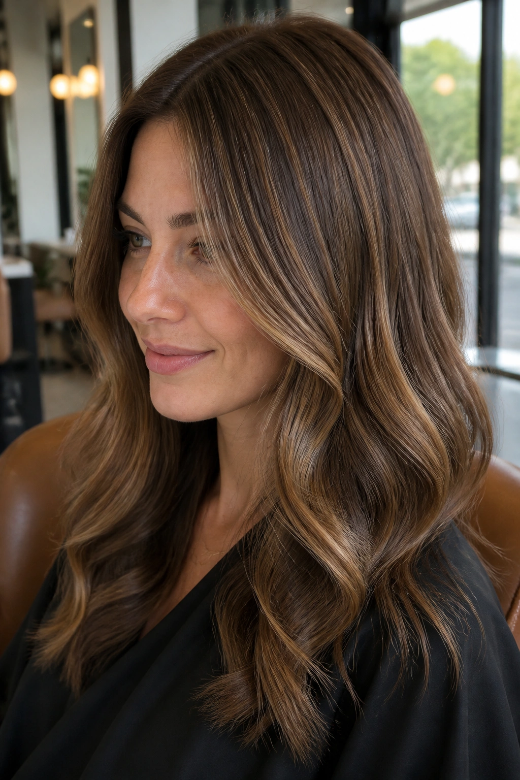 Real woman with fine honey-blonde babylights across a medium brown base, soft glow