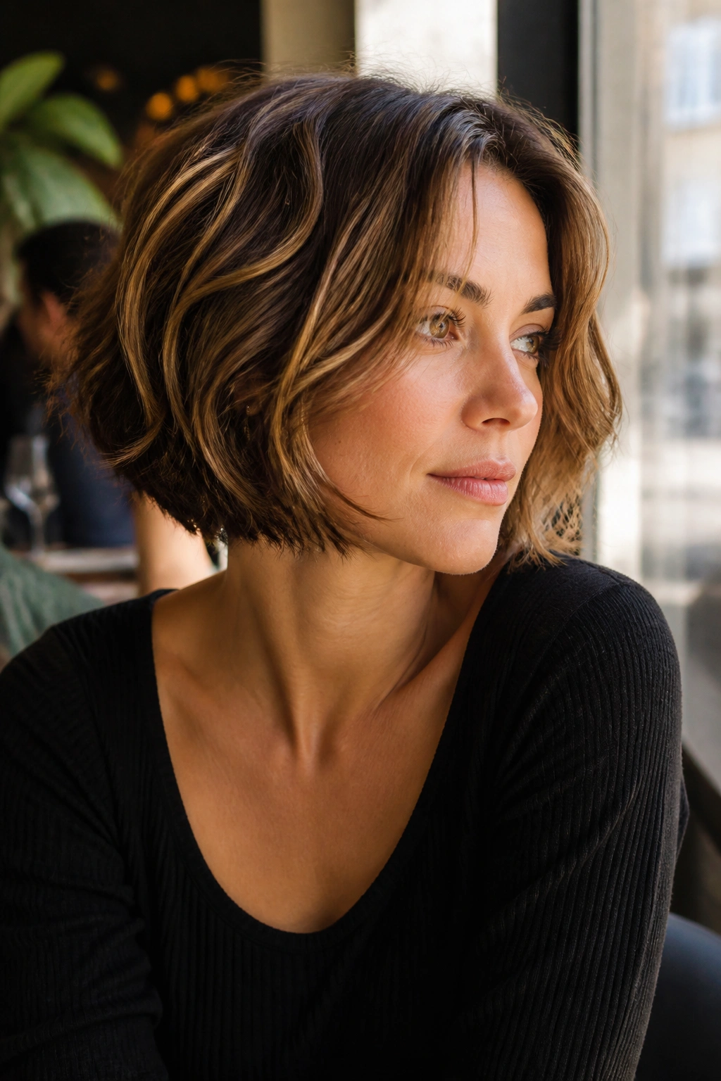 Close-up of a real woman with a wavy French bob and babylights