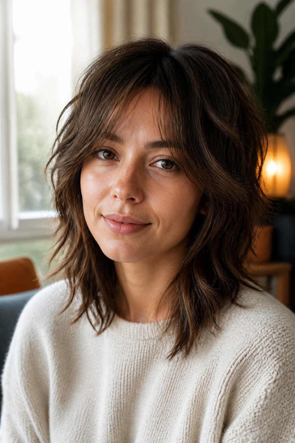 Close-up portrait of a real woman with Balanced Everyday Wolf Cut in soft, versatile texture