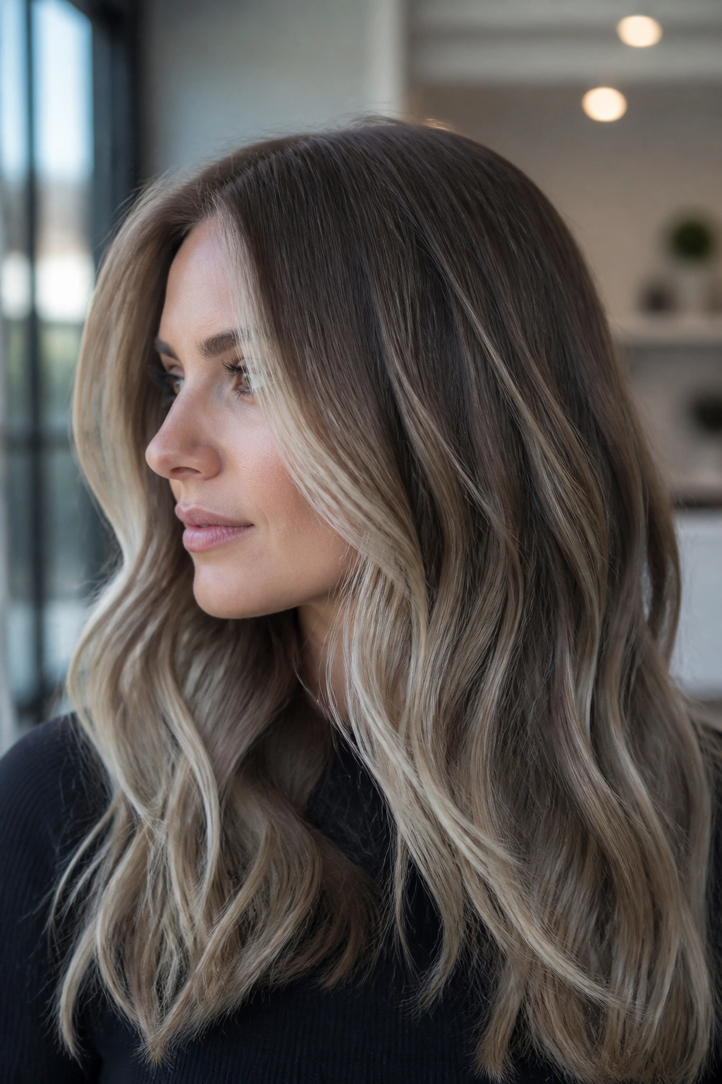 Close-up ash blonde balayage on medium ash brown hair