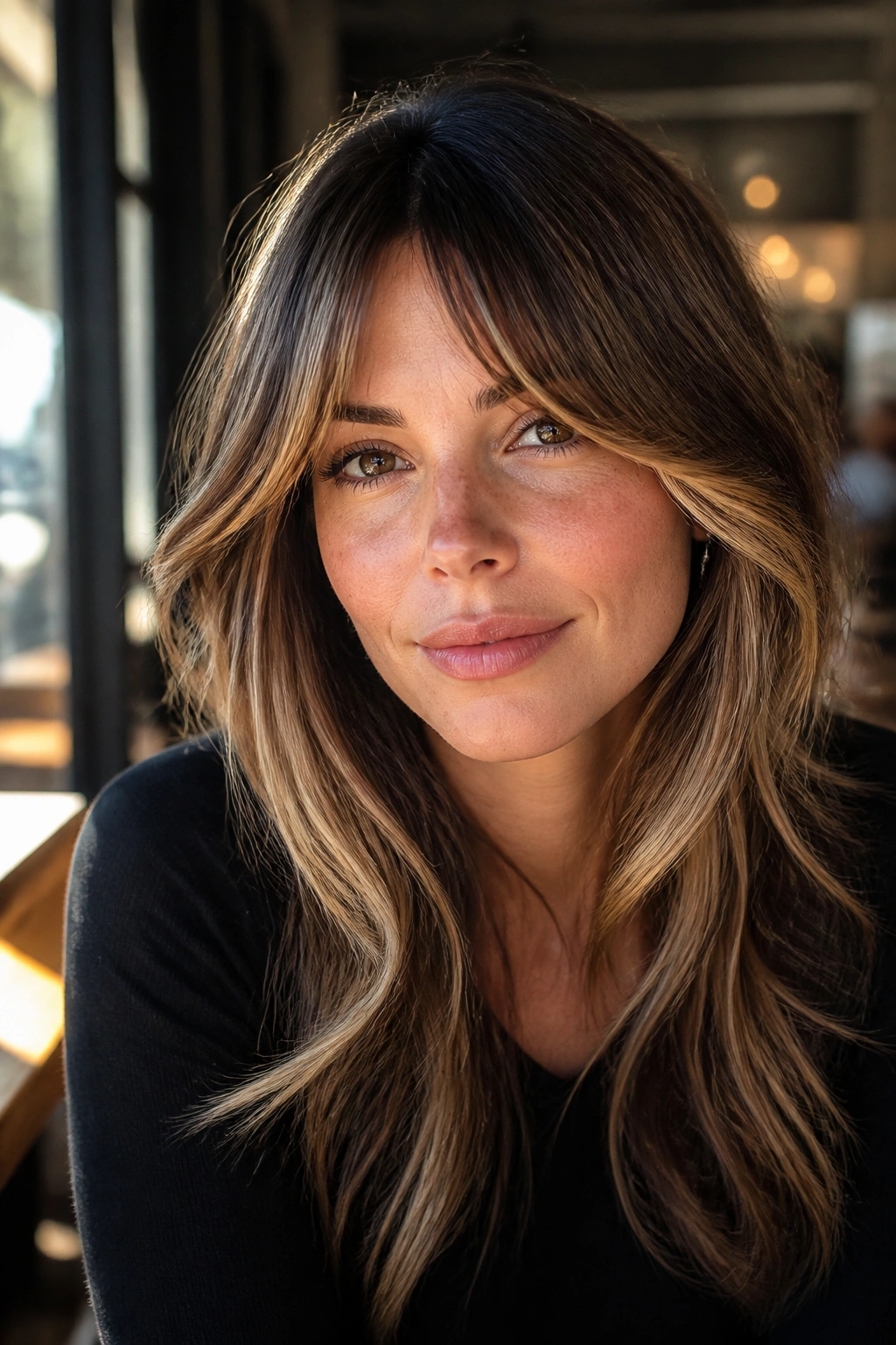 Close-up of balayage-framed Bardot bangs brightening the face on a real person