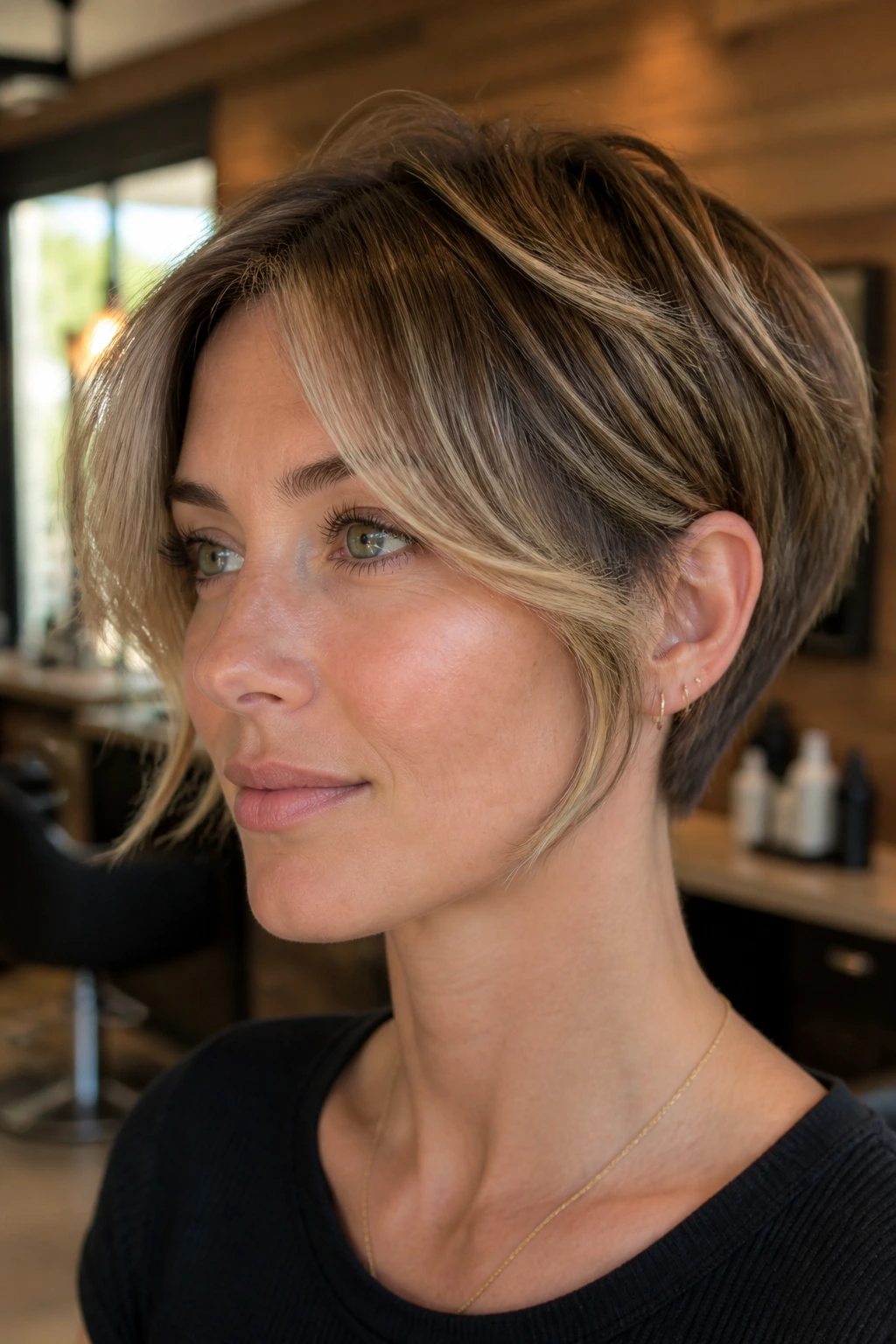 Close-up of a real person with a bixie haircut featuring face-framing balayage in caramel and light blonde tones, lit by natural window light.