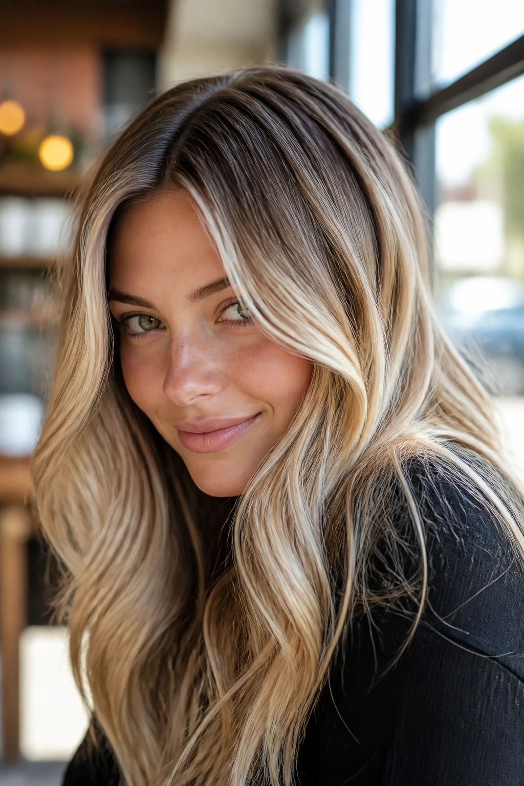 Close-up portrait of a real person with balayage blonde hair and seamless color