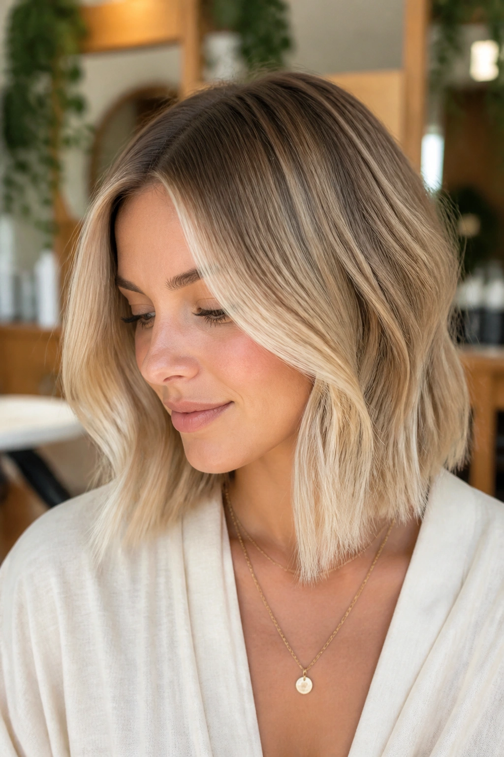 Close-up of a real woman with face-framing balayage blonde lob