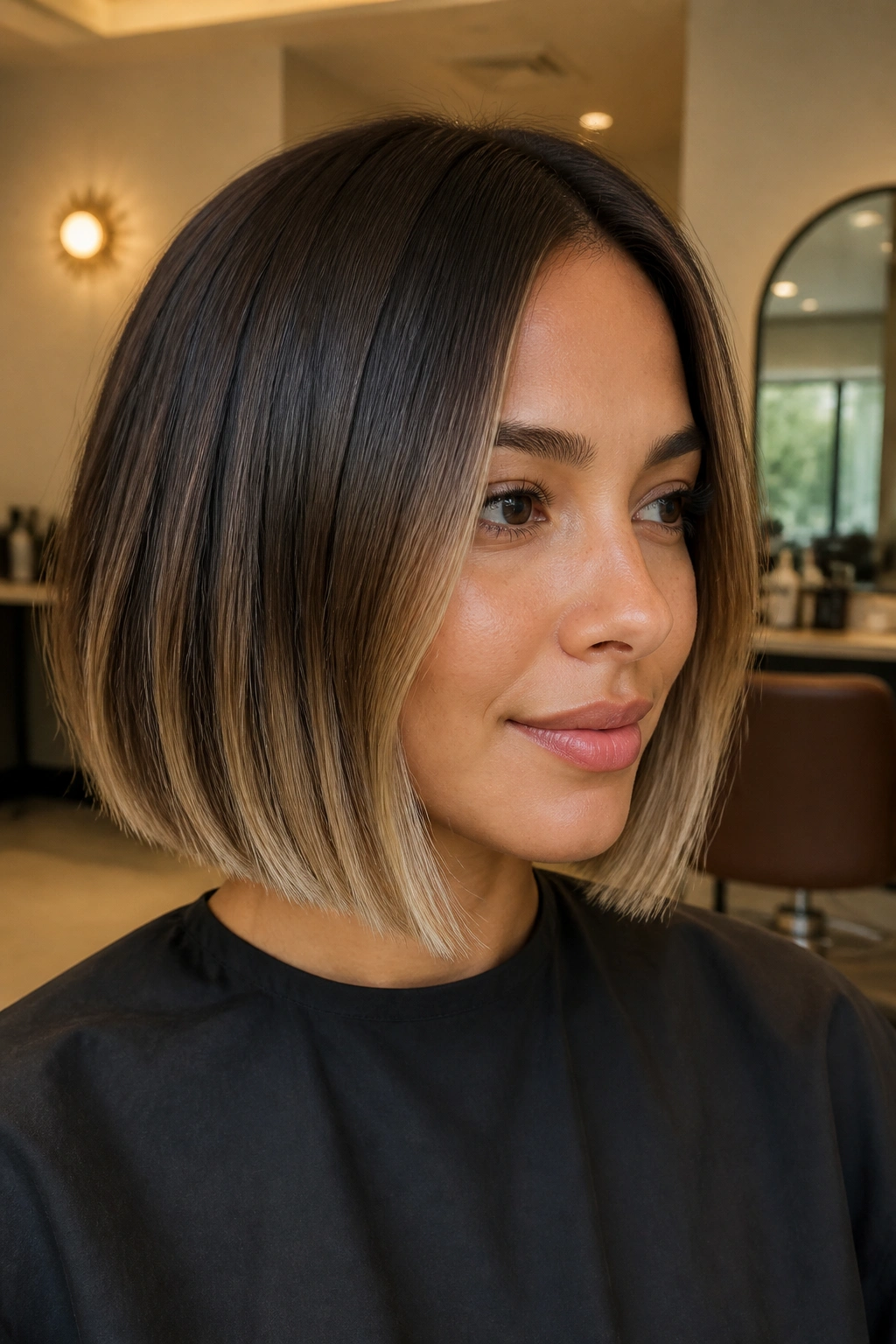 Close-up of blunt bob with soft balayage through mids and ends under warm salon lighting