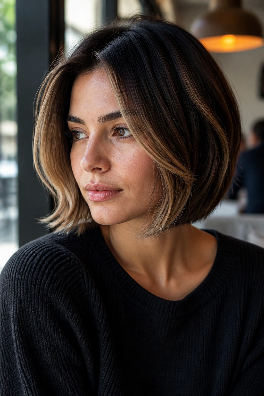 Close-up portrait of a real woman with brunette balayage bob showing soft dimension