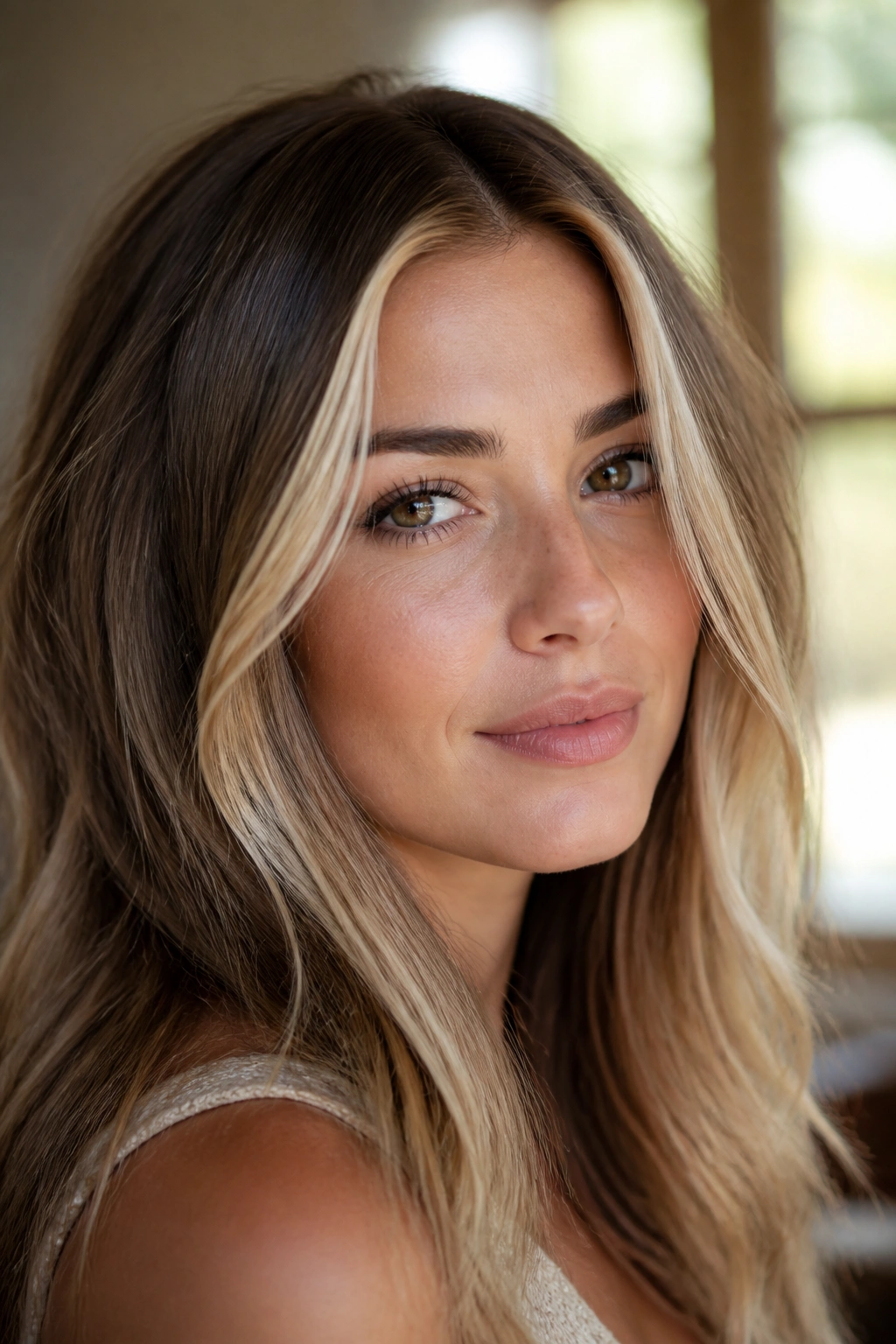 Close-up bronde balayage with face-framing pieces on real woman, warm window light