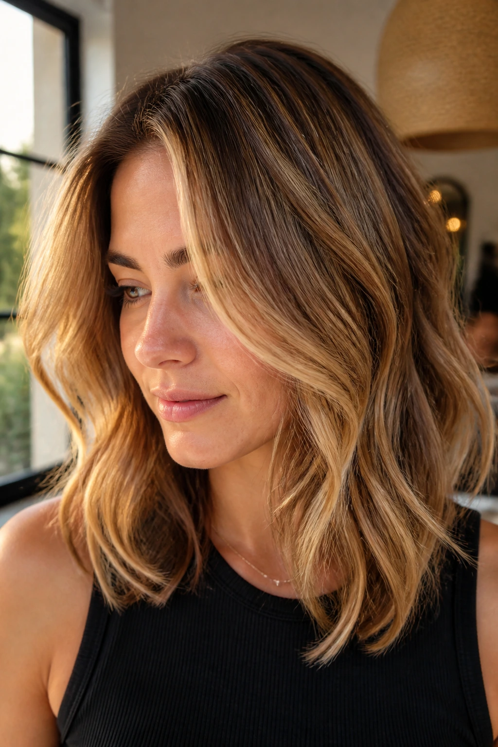 Close-up of real woman's shoulder-length bronde balayage with warm window light