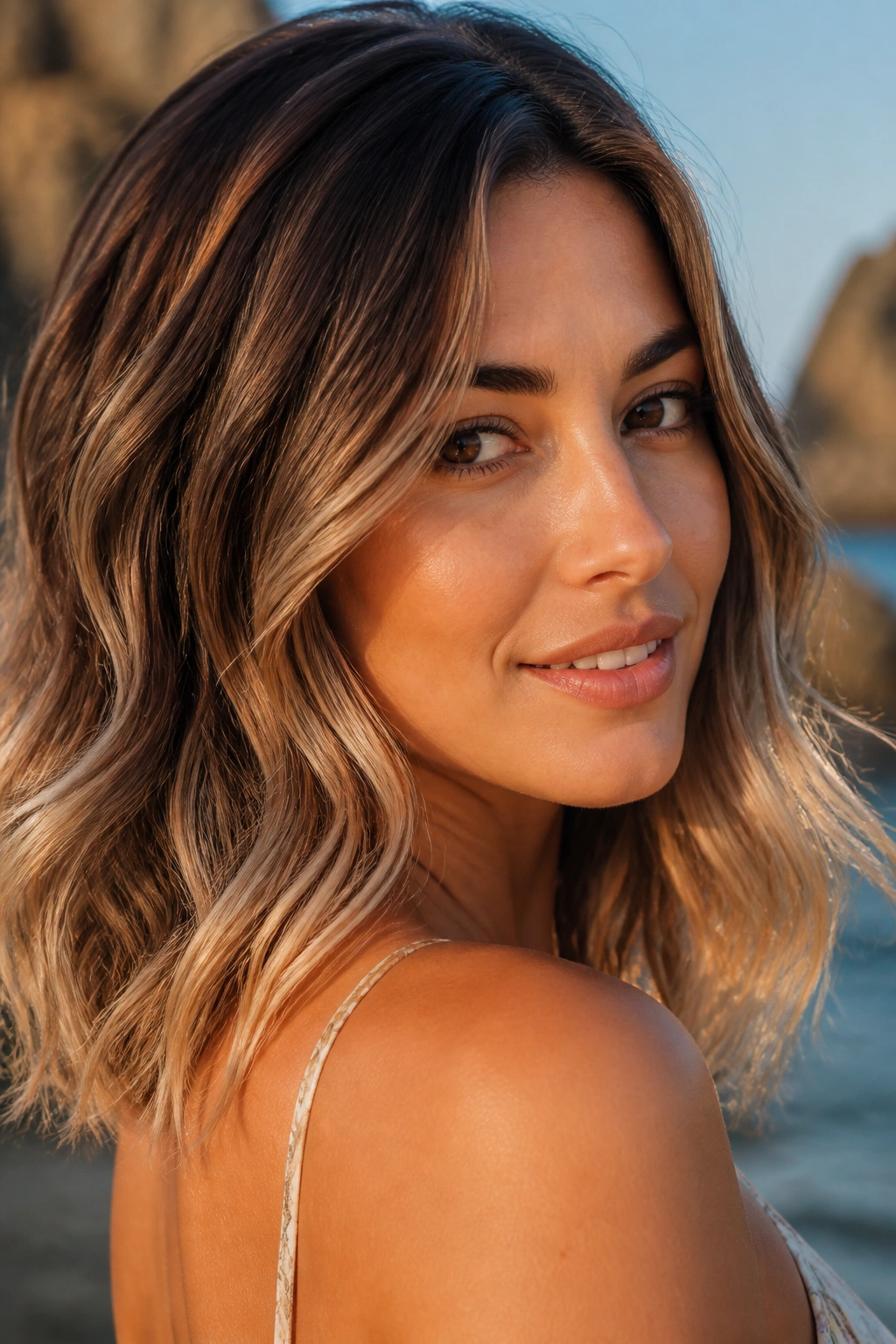 Close-up of a real woman with bronde balayage and sandy ends in sunny outdoor light