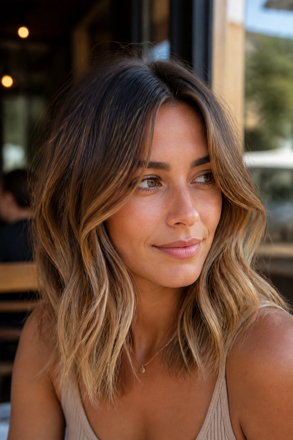 Close-up of a real woman with sun-kissed brunette hair and beige-ended balayage in warm daylight