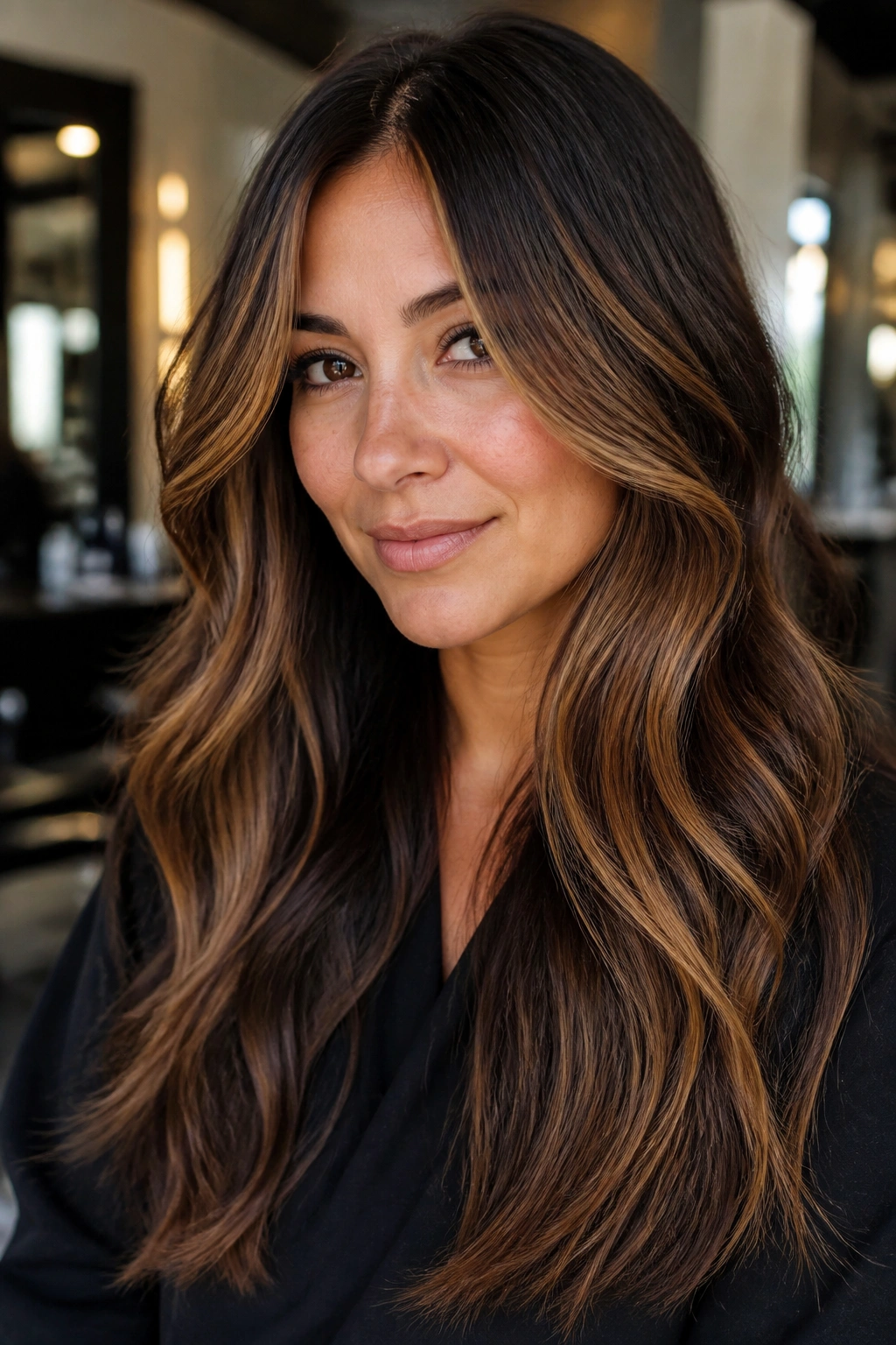Close-up of long brunette hair with honey-bronze balayage around the face.