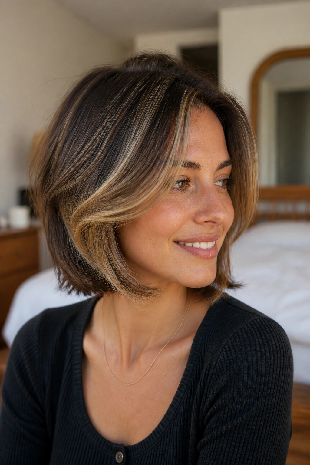 Close-up of a real woman with butterfly bob and balayage highlights.