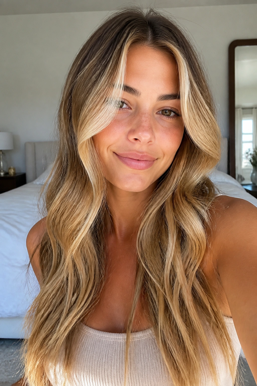Close-up of a woman with buttery blonde face-framing balayage.