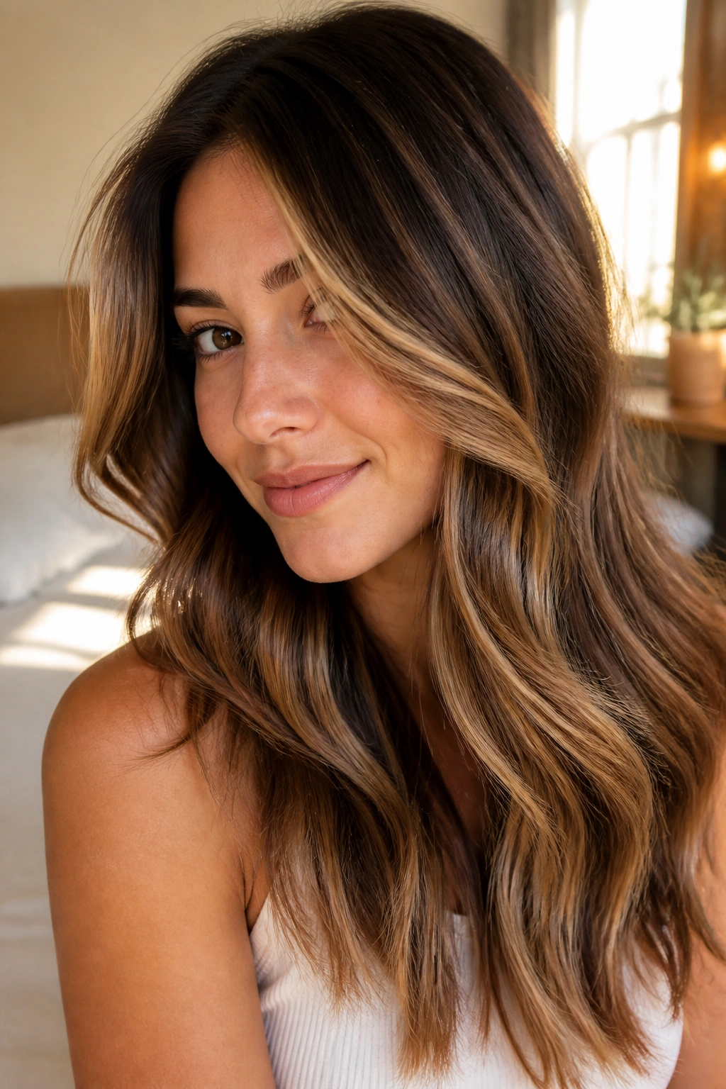 Close-up of brunette hair with soft caramel balayage in warm window light
