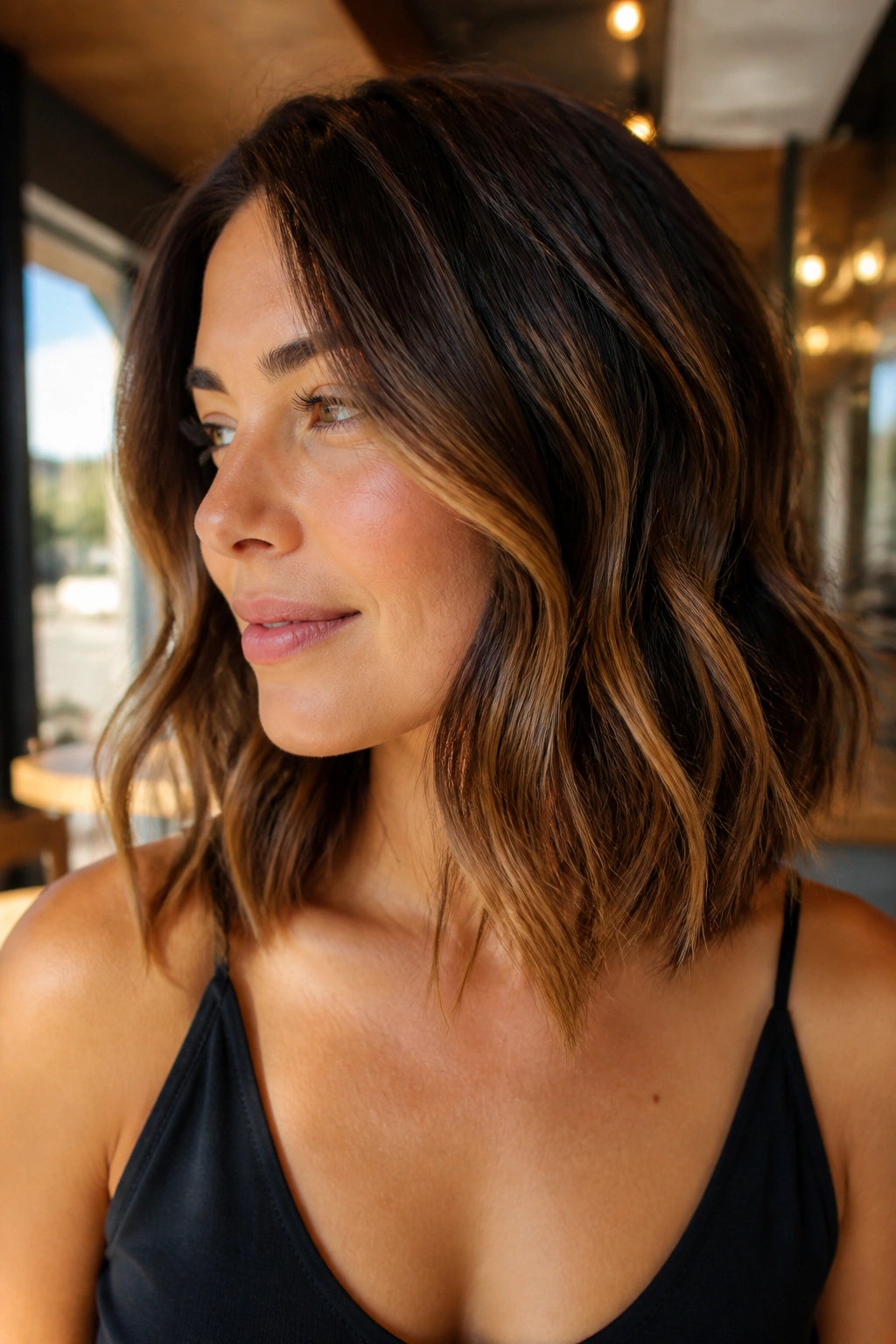 Close-up of brunette with caramel balayage on a shoulder-length lob.