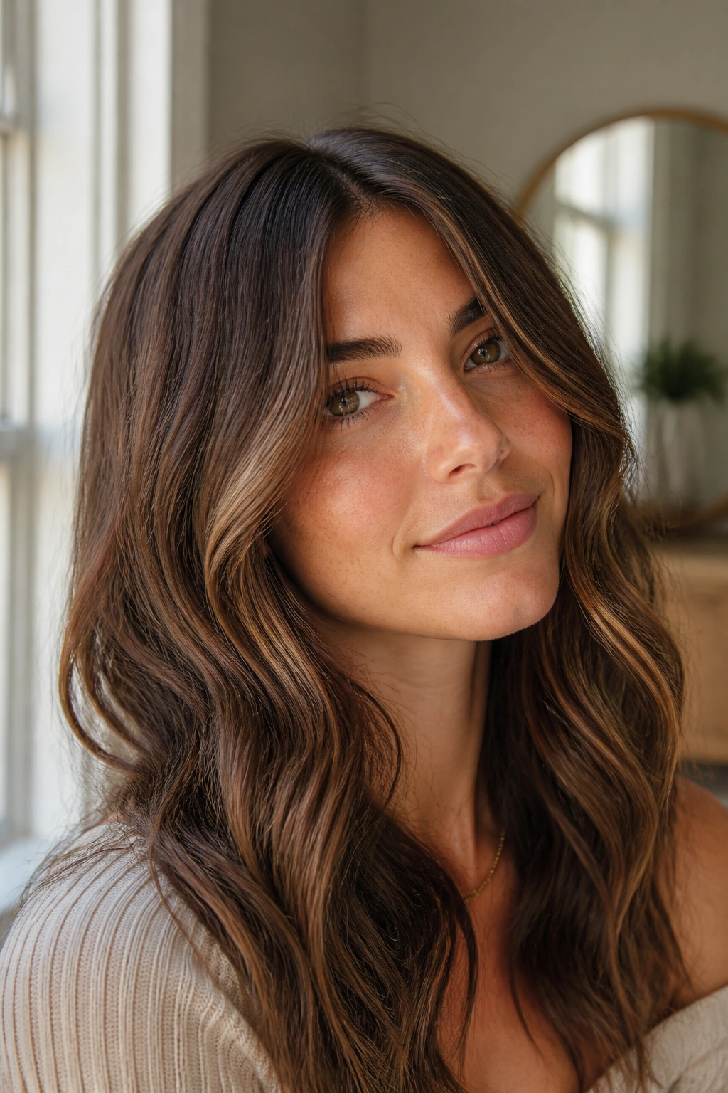 Close-up of chestnut balayage with ultra-fine ribbons on a real person, sunlit hair.