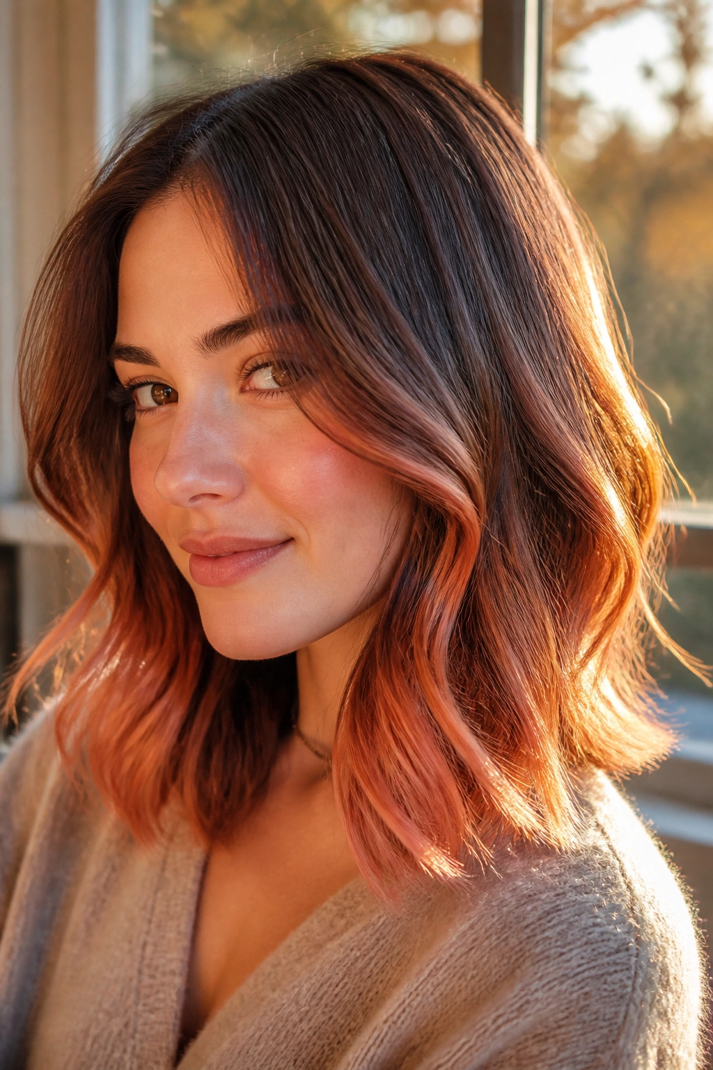 Close-up portrait of brunette with copper apricot ends catching light in a soft wave.