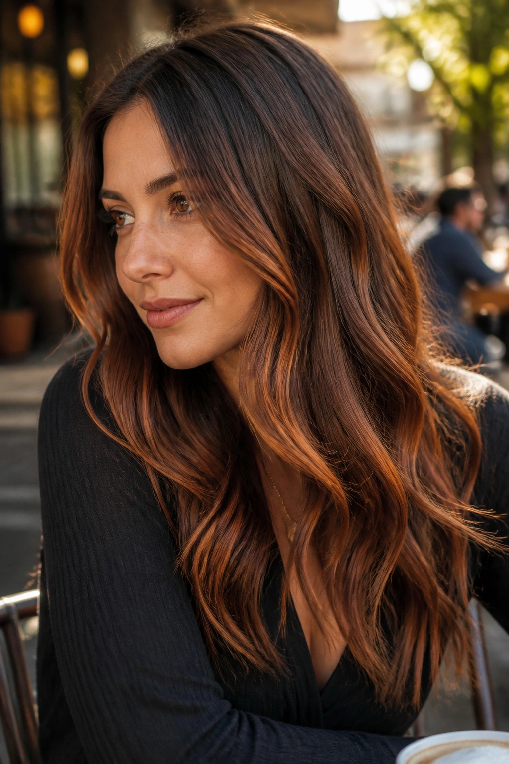 Close-up copper balayage on brunette hair with soft waves