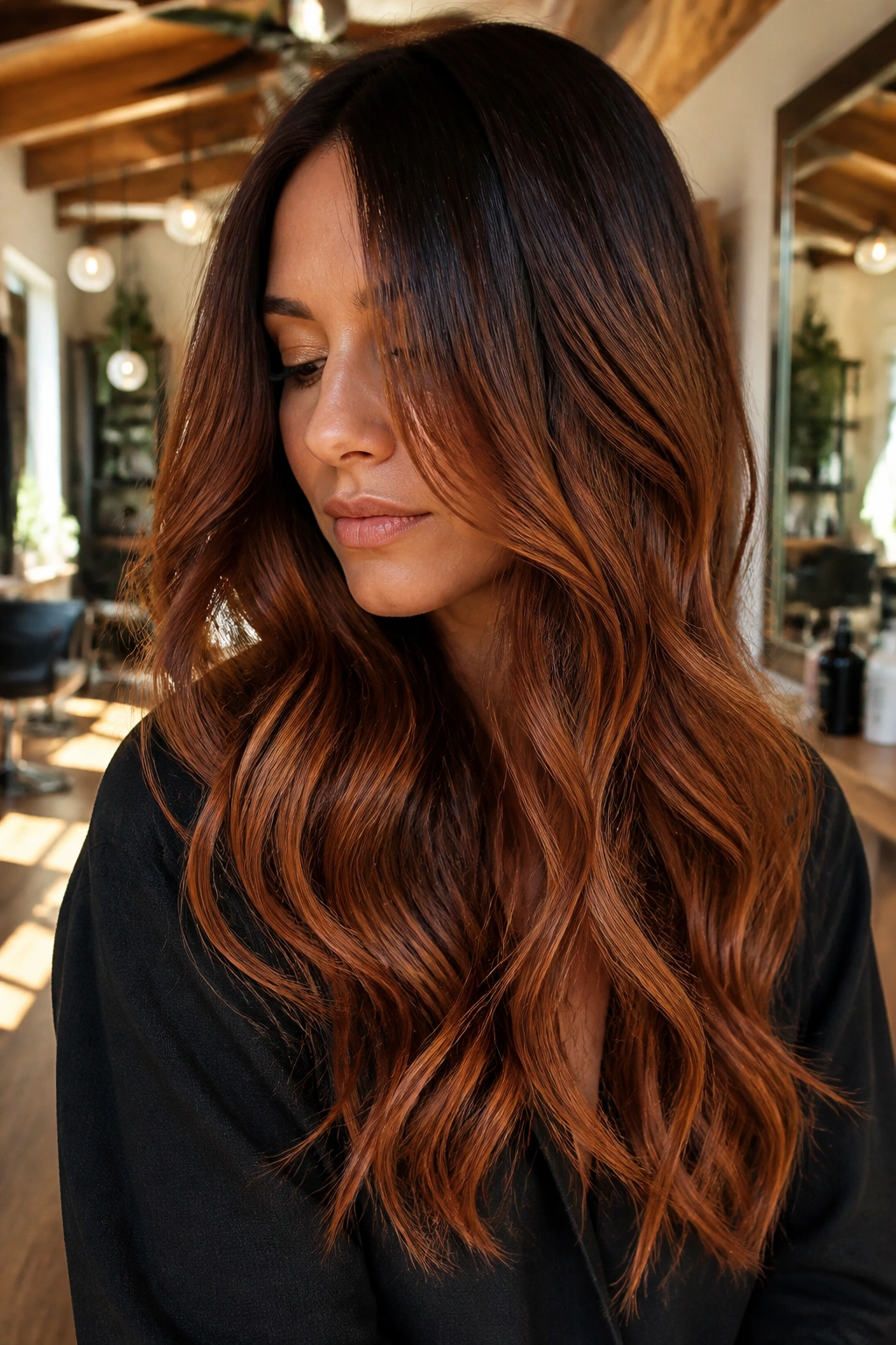 Close-up of a woman with copper balayage on warm brunette hair.