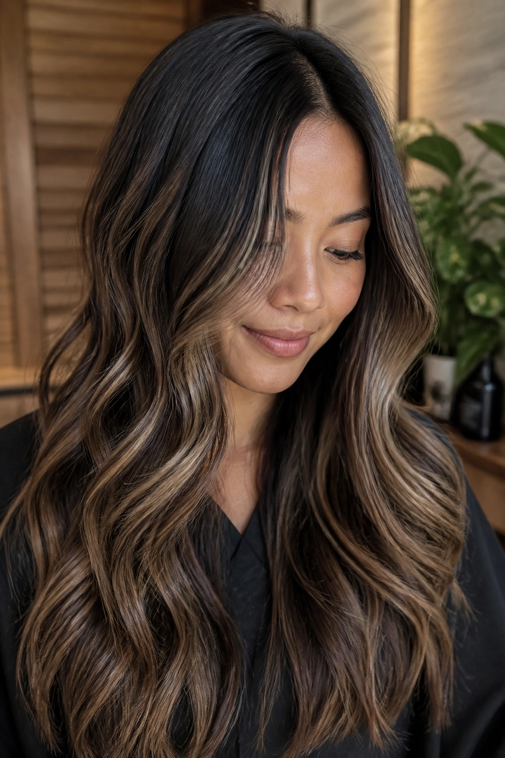 Close-up portrait of a real person with sandalwood beige balayage on espresso hair in warm window light