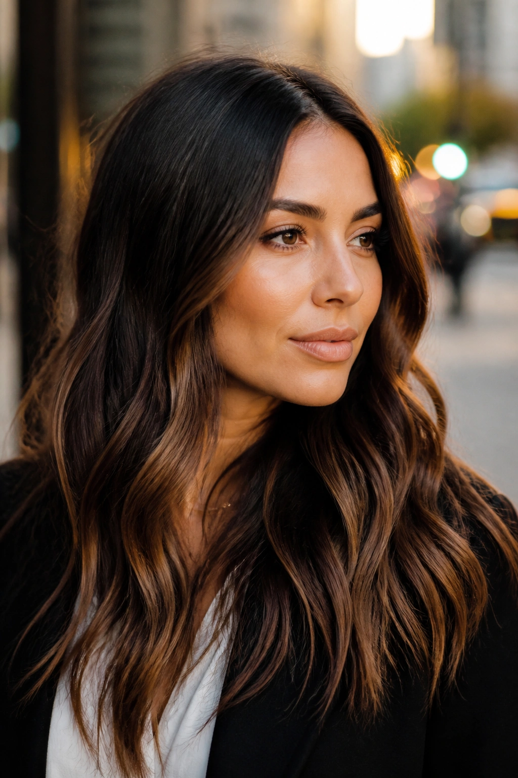 Close-up of a real person with espresso to mocha balayage on dark hair in sunny street light