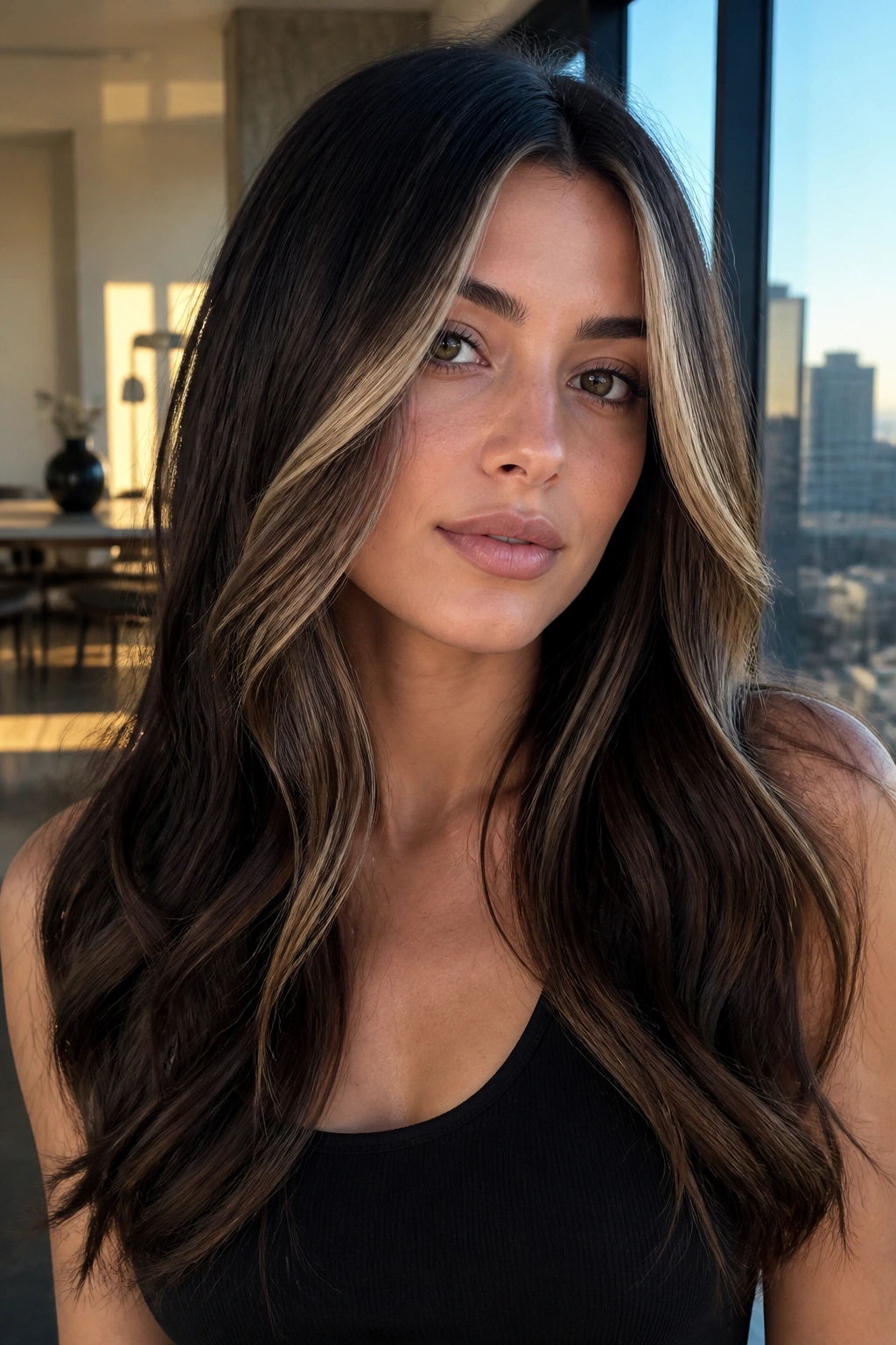 Close-up of espresso balayage with money piece on a real person.