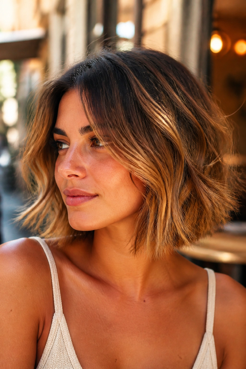 Close-up of textured bob with golden bronze balayage on a real person.