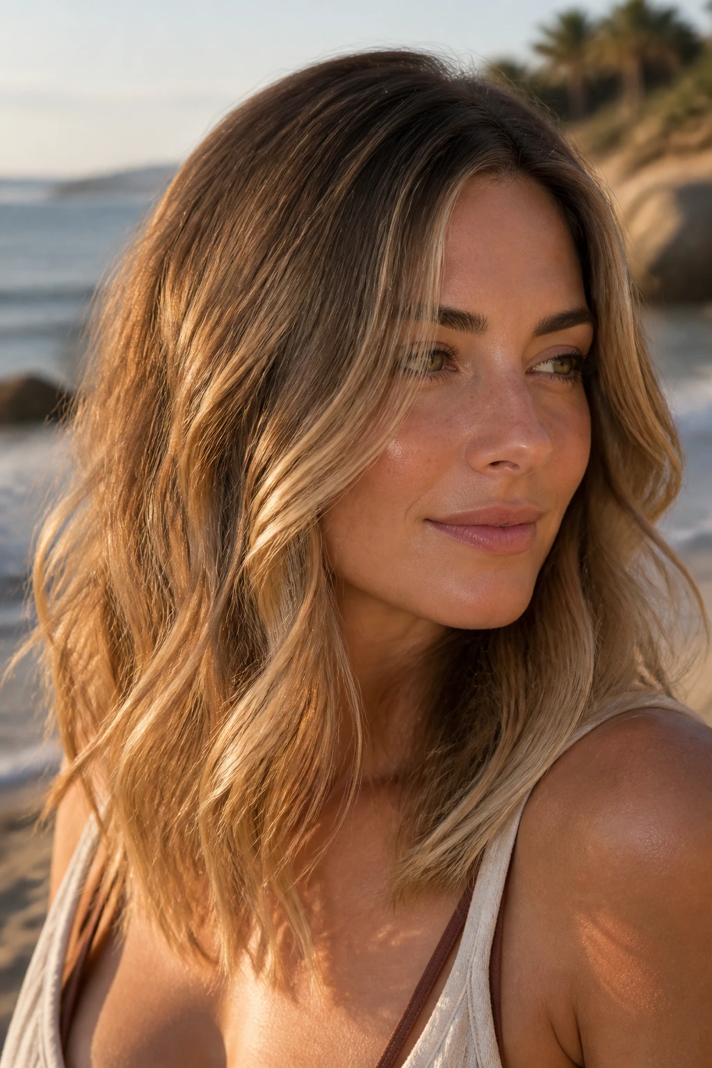 Real person with golden toffee balayage in sunlit hair
