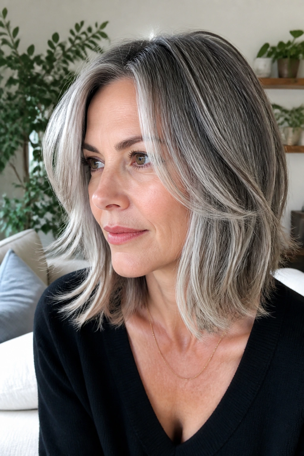 Portrait of a woman with gray balayage and face-framing layers