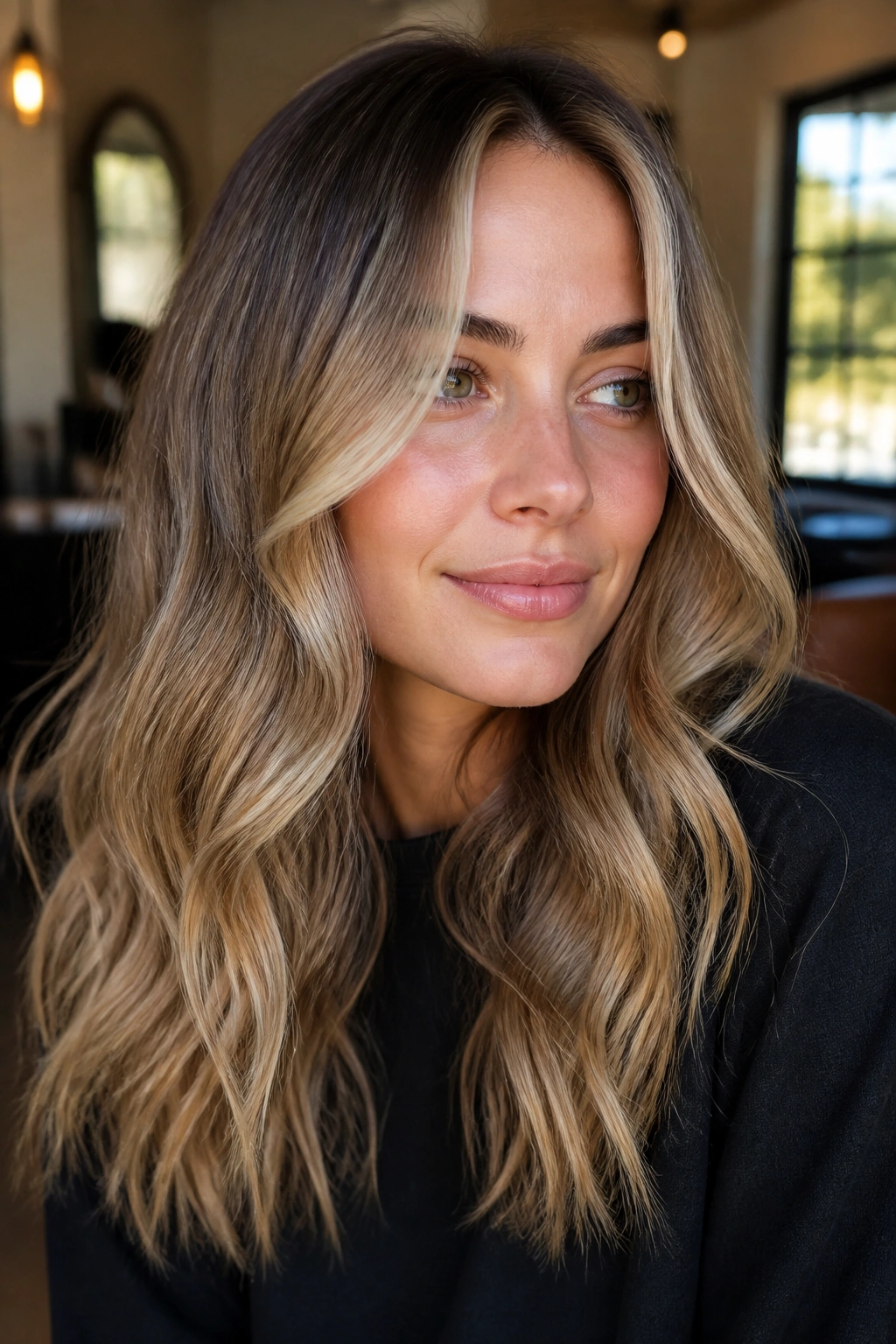Close-up of a real woman with dark blonde hair showing honey ribbon balayage around the face.