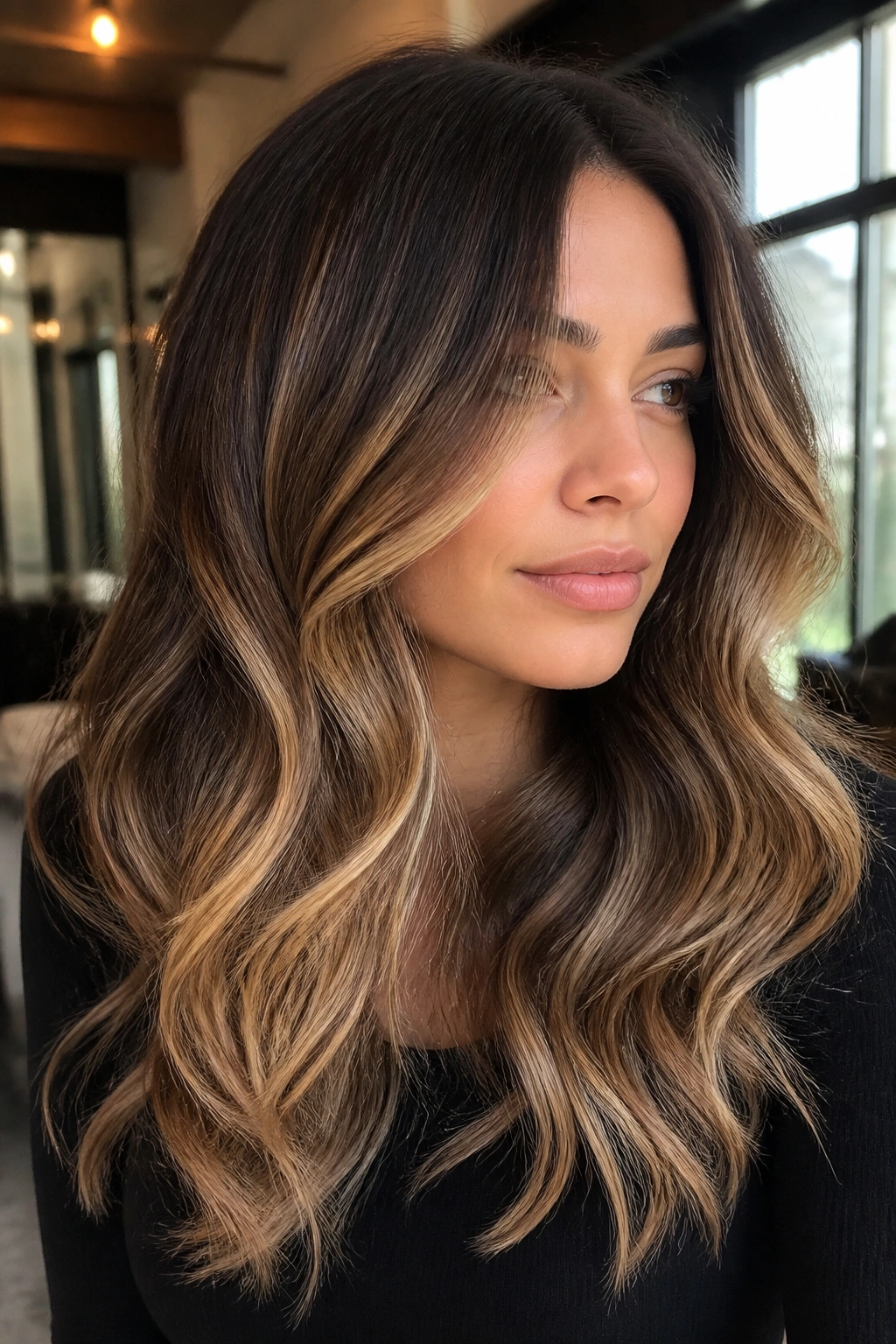 Close-up of brunette with mocha toffee champagne balayage from roots to tips.
